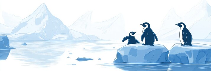 Poster - Playful penguins on floating icebergs in a serene polar landscape with open space for text and creative mock up. Generative AI