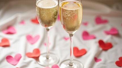 A romantic setting featuring two flutes of champagne clinking together