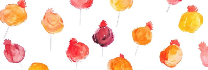 Poster - Vibrant rooster shaped lollipops in bright colors with empty space for creative text insertion. Generative AI