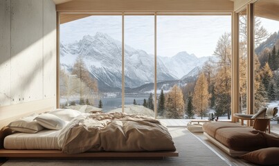 Wall Mural - A modern industrial bedroom with white concrete walls rendered in 3D, illustrating the design in 3D