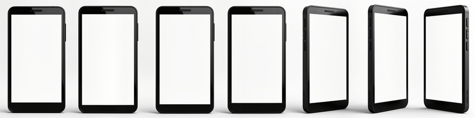 Poster - Multiple black smartphones displayed on white background. Modern tech devices. Blank screens for custom designs. Versatile mockup for app, product design. Template for graphic designers. Various
