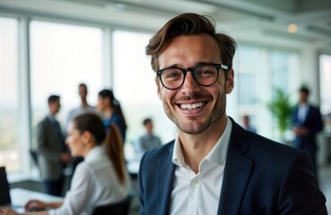 Happy business owner smiles at camera. Diverse team works in background. Office environment. Leadership concept. Modern business setting. Successful professional. Indoor shot. Formal attire.