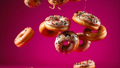 A bunch of delicious donuts falling down, topped with colorful sprinkles, set against a dark pink background, creating a playful and appetizing scene