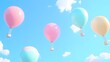 © AhStudio - Pastel Hot Air Balloons Floating Sky Blue Background