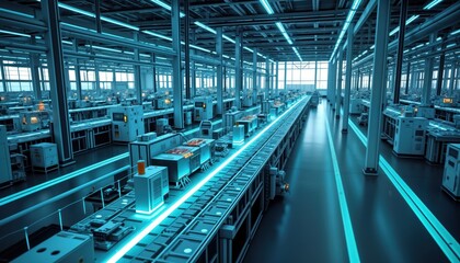 Poster - Modern tech factory with automated production lines. IIoT devices, efficient workstations optimize manufacturing. Automated process improvement. Futuristic industrial design. Smart factory interior.