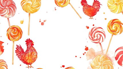 Aufkleber - Vibrant rooster shaped lollipops surrounded by cheerful colors and empty space for creative text placement. Generative AI