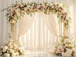 Poster - The image shows a wedding arch decorated with white and pink flowers, set against a backdrop of sheer curtains.