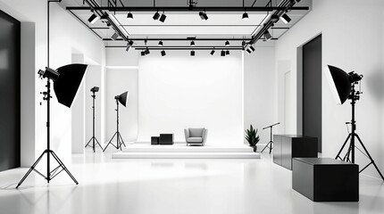 Poster -  well-lit photography studio with a white floor and walls, featuring multiple studio lights arranged in an L shape and a studio chair positioned in the center.