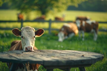 Wall Mural - blurred background of cows on green grass and table