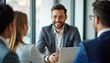 © Viktor - Business manager interacts with clients in meeting. Pro discussion. Happy faces, teamwork. Customer service positive. Attentive listener, collaborative environment. Business consultation in office.