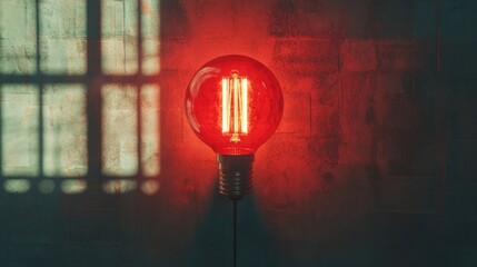 Poster - Vintage Red Light Bulb Hanging on a Wall for Atmospheric Lighting