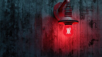 Poster - Vintage Metal Light Fixture with Red Bulb on Wood Wall Panel