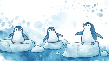Poster - Playful penguins enjoy their time on floating icebergs with plenty of space for creative text ideas. Generative AI