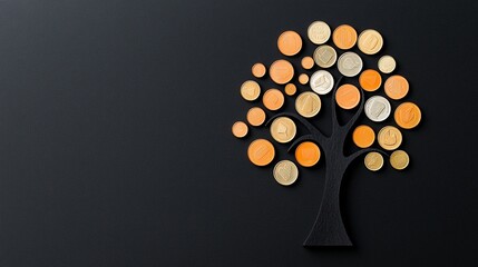 Poster - Abstract autumn tree made of coins on black background.