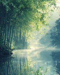Wall Mural - bamboo and nature motifs concept, serene bamboo forest reflecting in a misty river at dawn.