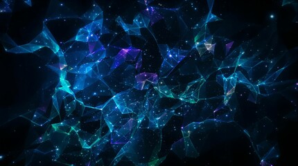 Poster - dark background with a network of glowing lines and dots forming abstract shapes, creating a futuristic and digital appearance.
