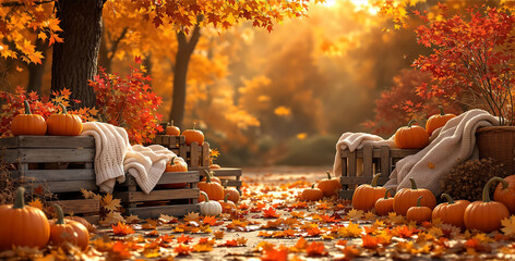 Poster - cozy autumn scene with a bench adorned with blankets, surrounded by fallen leaves and scattered pumpkins. The warm, golden hues of the foliage create a serene and inviting atmosphere.