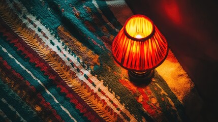 Poster - Warm Table Lamp on Colorful Textile Background in Cozy Setting