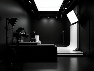 Poster - modern office or studio environment with dark walls, a large desk, two computer monitors, a keyboard, a mouse, a chair, and a lamp. The room has a sleek, professional look with a mix of electronic dev