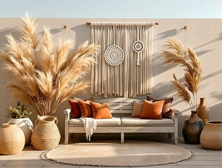 Poster -  cozy outdoor seating area with a beige sofa, orange throw pillows, and a macramé wall hanging. The decor includes pampas grass in large vases and a round rug on the floor.