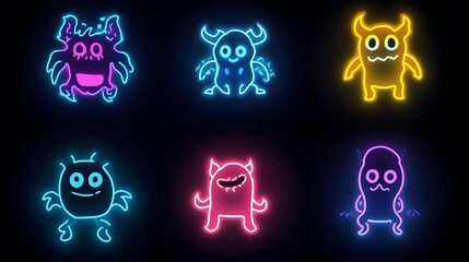 set of 8 cute neon monsters isolated solid black