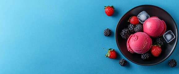 Canvas Print - Two scoops of pink berry ice cream in a black bowl with fresh berries and ice.