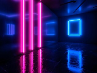Poster - room with a wet floor and neon lights creating vibrant patterns. The room appears to be empty and has a modern, industrial feel.