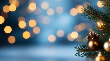 Poster - Christmas tree with a gold ball on it. The tree is surrounded by a blurry background