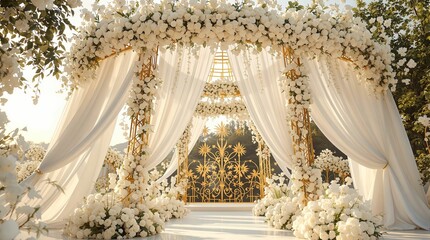 Aufkleber - elegant wedding arch decorated with white drapes and a variety of flowers, including white roses, orchids, and chrysanthemums, creating a stunning and romantic atmosphere.