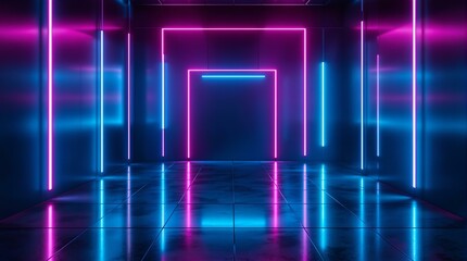 Poster - futuristic, neon-lit space with glowing purple and blue lights creating a square pattern on the floor. The overall atmosphere is modern and technologically advanced.