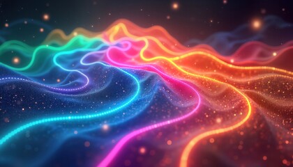 Poster - Colorful abstract design background with rainbow neon light lines, wavy patterns. Dynamic vibrant illustration with bright glowing lines creating sense of motion, speed. Ideal for modern tech