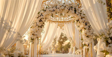 Poster - outdoor wedding ceremony setup with white and gold decorations, including a large floral arch and draped fabric. The setting is elegant and intimate, inviting guests to celebrate the special occasion.