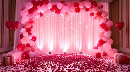 Aufkleber - festive and romantic setting with red and white balloons, hanging lights, and flower petals on the floor, suggesting a celebratory event, possibly a Valentine's Day celebration.