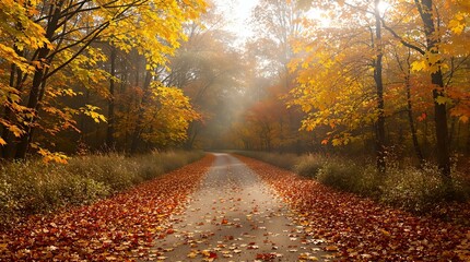 Aufkleber - autumnal forest scene with a dirt road covered in fallen leaves, leading towards a misty horizon. The trees are adorned with vibrant yellow and orange foliage, and sunlight filters through the leaves,