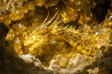 Dragon cave and dragon in golden light.