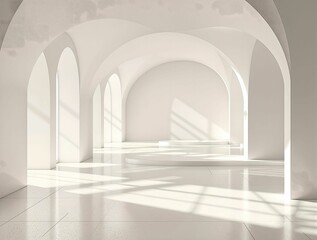 Fototapete - spacious, minimalist room with arched doorways and large windows allowing natural light to flood in, creating dramatic light and shadow effects.