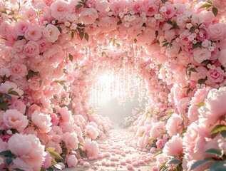 Aufkleber - flower archway, adorned with a profusion of pink and white flowers, creating a picturesque and idyllic scene. The flowers are densely packed, forming an arch that leads into a misty, dreamy background