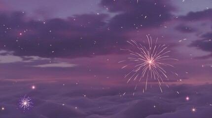 Poster - The image depicts a serene night sky with a beautiful fireworks display in the background, creating a picturesque and festive atmosphere.