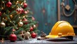 © Viktor - Christmas decorations near construction equipment on dark wooden table. Festive holiday items near work tools. Yellow hard hat, Christmas tree in background. Festive decorations as ornaments, lights