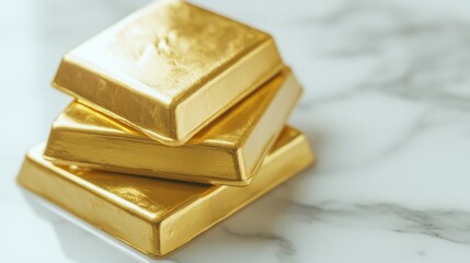 Poster - Golden Bars Stacked in Zigzag Pattern on Marble Surface