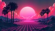 © Viktor - Retro 80s desert landscape under solarizing light. Grid pattern on flat terrain stretches to horizon. Palm trees stand tall in silhouette. Vivid pink, purple hues create vibrant, futuristic feel.
