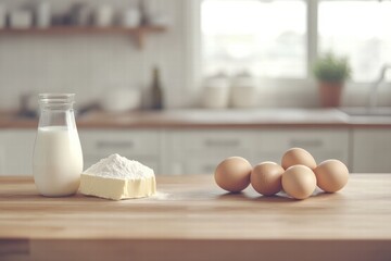 Poster - Creative baking preparation with eggs, milk, flour, and butter on a wooden kitchen counter showcasing empty space for text. Generative AI