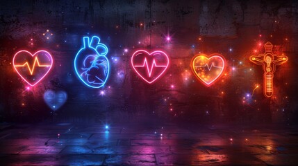 Poster - Craft a neon collection of health symbols, featuring glowing hearts