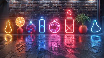 Poster - Craft a series of fitness symbols in neon, including glowing