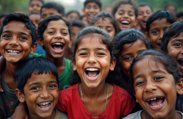 indian children laugh happily in group outdoors. likely students in rural primary school. joyful exp