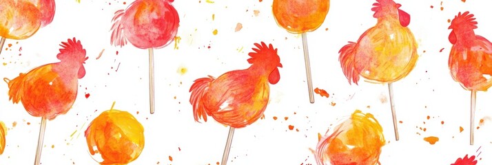 Poster - Vibrant rooster shaped lollipops on a white background with copy space for text. Generative AI