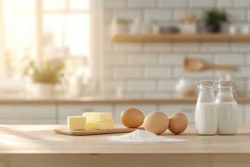 Fototapete - Ingredients ready for baking on a wooden kitchen counter with bright sunlight streaming in. Generative AI