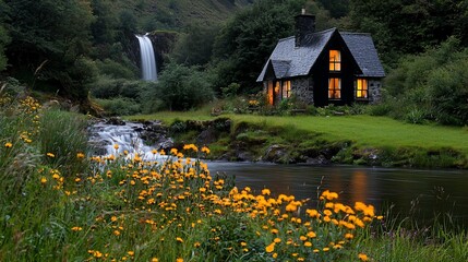 Poster - Idyllic stone cottage near cascading waterfall at dusk.