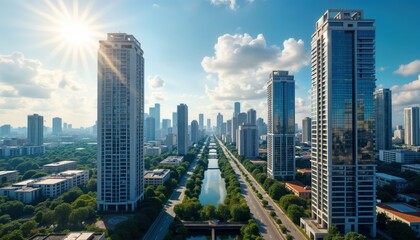  Cityscape panorama shows tall buildings, wide streets. Rich green areas, calm water interwoven with modern architecture. Urban development, natural elements co-exist in dynamic environment. Clear day