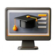 Fototapete - This image features a stylized computer monitor displaying a graduation cap icon, symbolizing online education and learning.